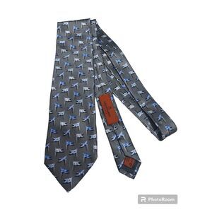 LEONARD Studio 100% Silk Made In Italy Steel‎ Gray/Blue Flags Necktie